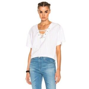 NWT AG Adriano Goldschmied Kelly Lace Up Top Linen Blend Short Sleeve Shirt M